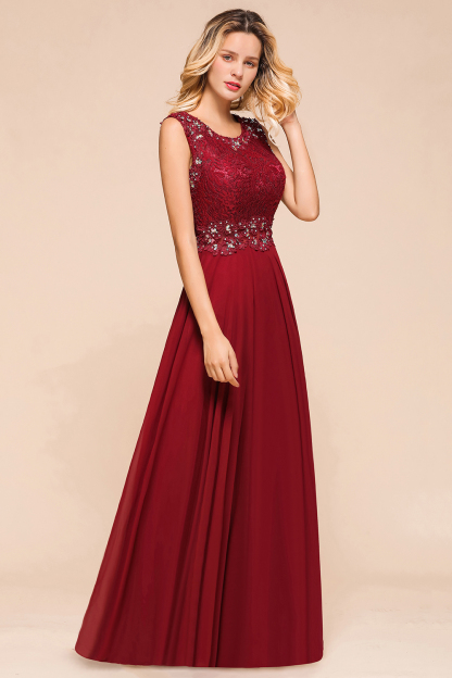 BMbridal Burgundy Lace Long Prom Dresses Sleeveless Chiffon Evening Gowns With Crystal