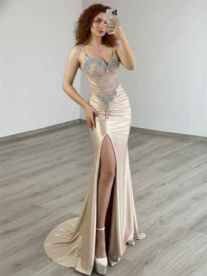 Gold Plunging V-Neck Beaded Bodice Satin Prom Dress with Slit