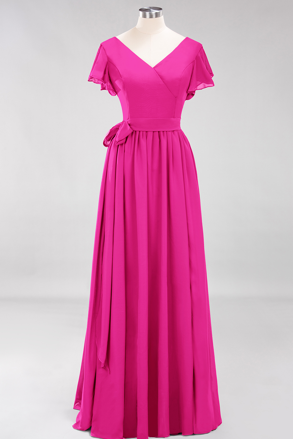 BMbridal Burgundy V-Neck Long Bridesmaid Dress With Short-Sleeves-BMbridal
