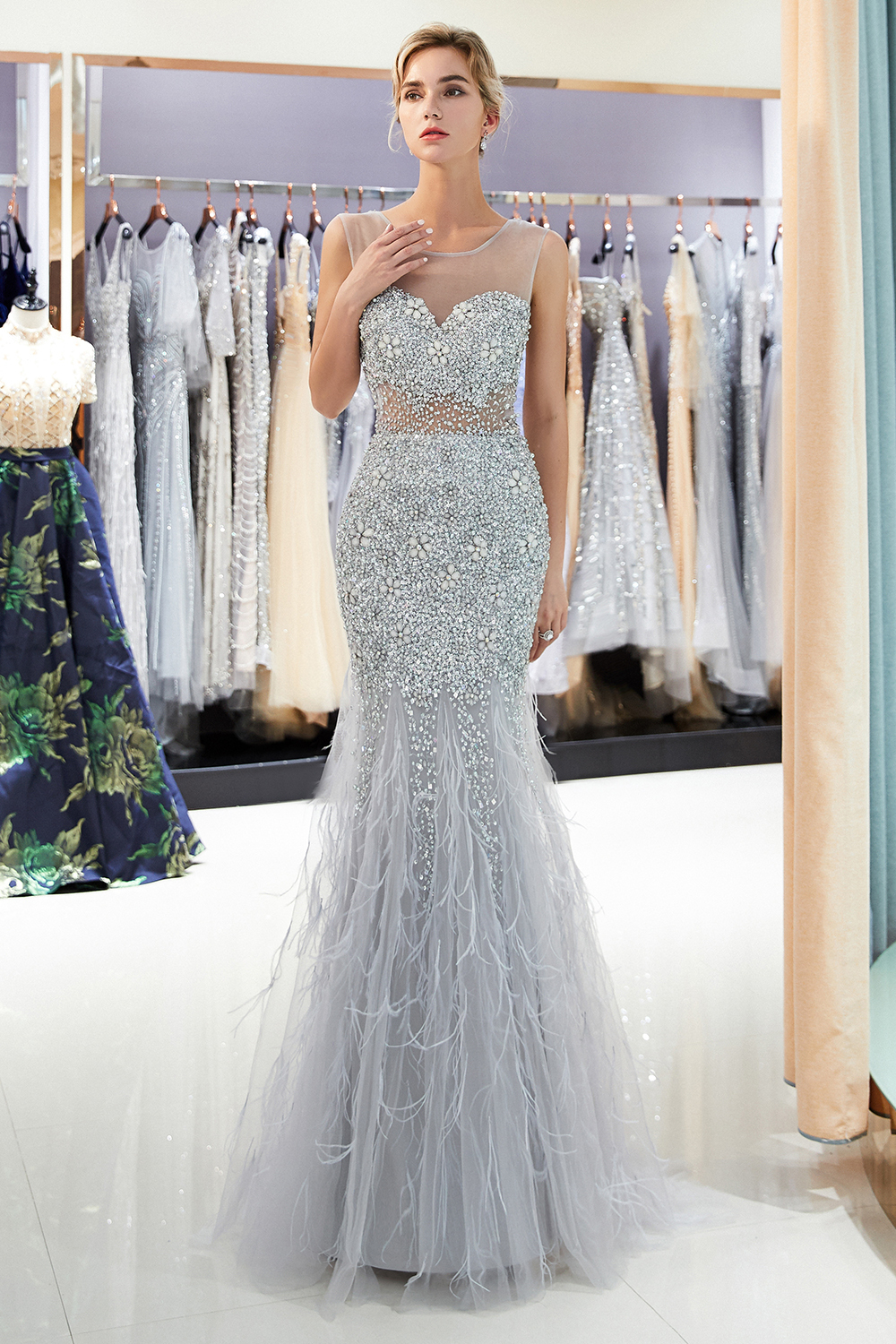 BMbridal Chic Mermaid Sleeveless Prom Dresses Illusion Neckline Crystal Sqeuined Tulle Evening Dresses-BMbridal
