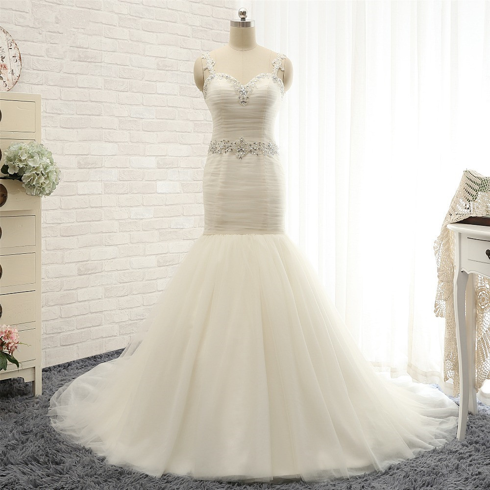 BMbridal Unique Ivory Straps Mermaid Wedding Dresses Tulle Ruffles Sequins Bridal Gowns Online