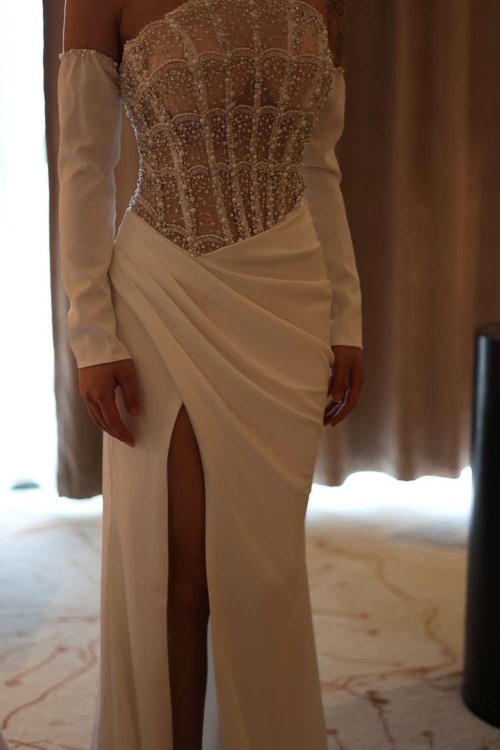 Bmbridal Split Front Long Sleeves Strapless Stain Prom Dresses with Beadings