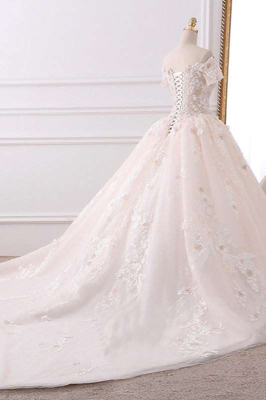 BMbridal Ball Gown V-Neck Tulle Beadings Wedding Dress Lace Appliques Short Sleeves Bridal Gowns with Flowers On Sale-BMbridal