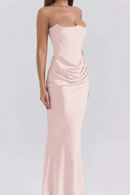 Pink Strapless Sleeveless  Mermaid Long Prom Dress With Pleated