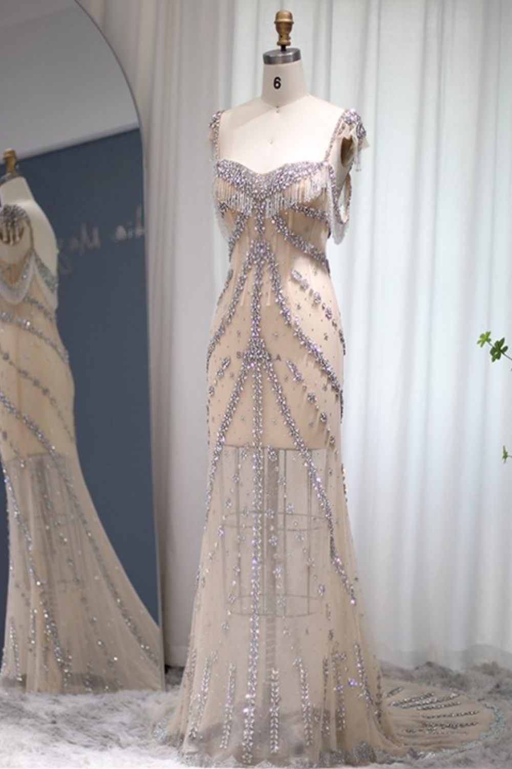 Bmbridal Floor-Length Square Sleeveless A-Line Prom Dresses with Beadings