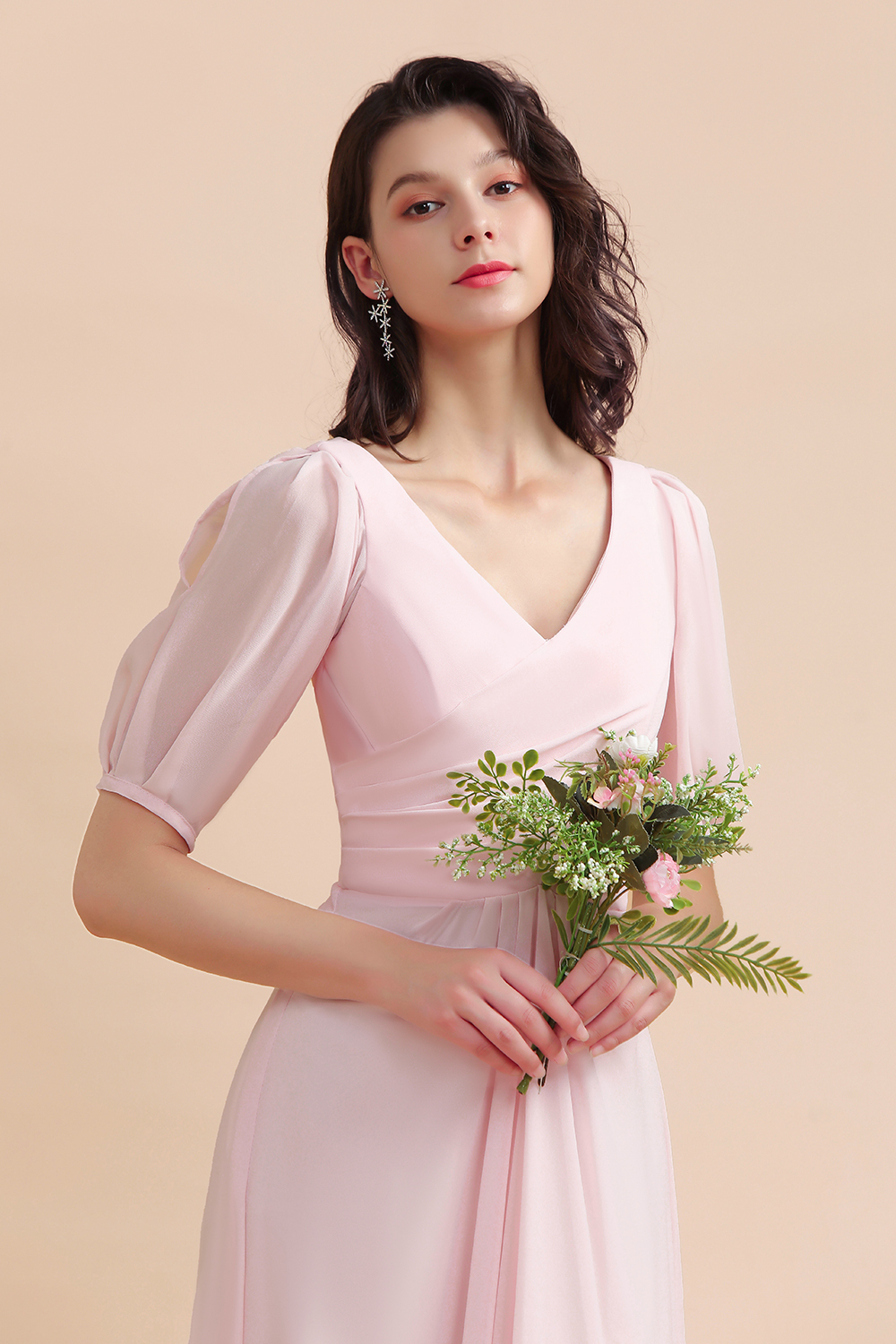 BMbridal A-Line V-Neck Chiffon Ruffles Bridesmaid Dress with Short Sleeves-BMbridal