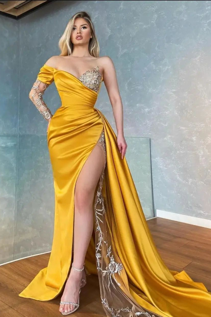 Bmbridal Yellow Split Front Mermaid One Shoulder Ruffles Prom Dress with Appliques