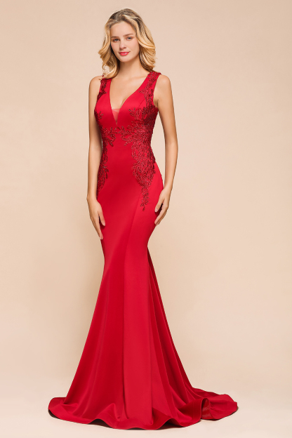 BMbridal Gorgeous Red Mermaid V-Neck Prom Dress Long With Lace Appliques Online