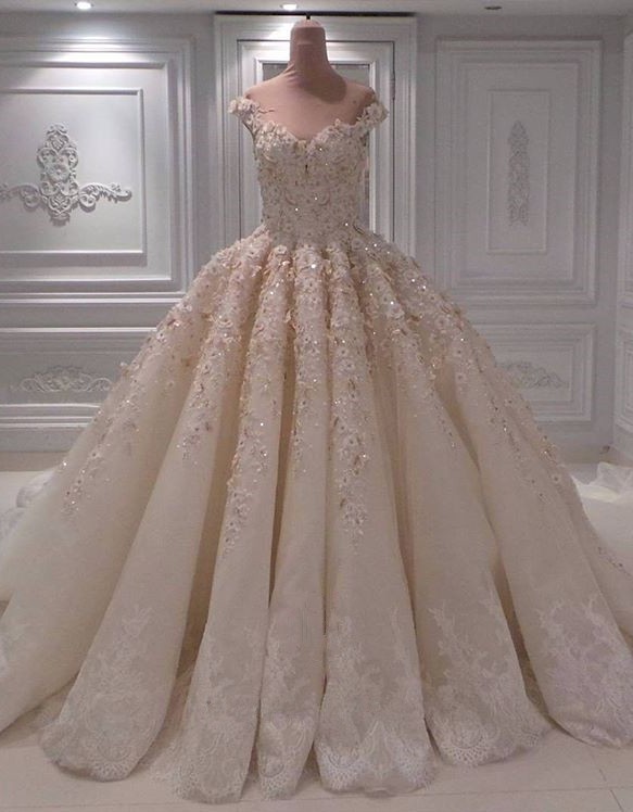 BMbridal Elegant Chamgne Off-the-shoulder A-line Wedding Dresses Sequins Lace Bridal Gowns With Appliques Online-BMbridal