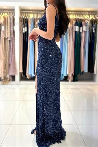 Bmbridal Dark Navy V-Neck Prom Dress Mermaid Sleeveless With Sequins