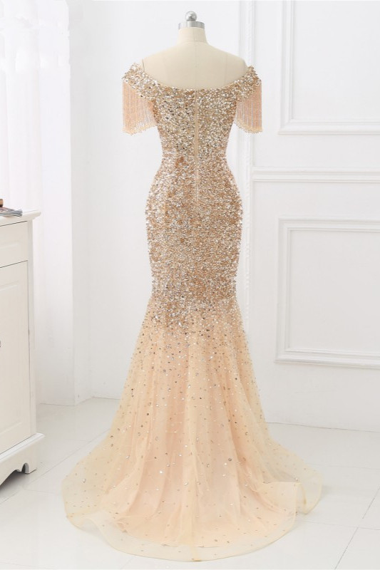 BMbridal Luxury Off-the-Shoulder Sequins Burgundy Mermaid Prom Dresses with Tassels