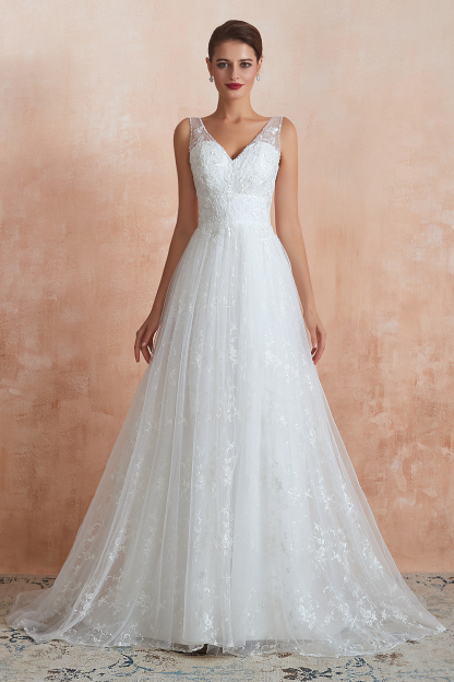 BMbridal Affordable V-Neck Tulle Lace Long White Wedding Dresses Online