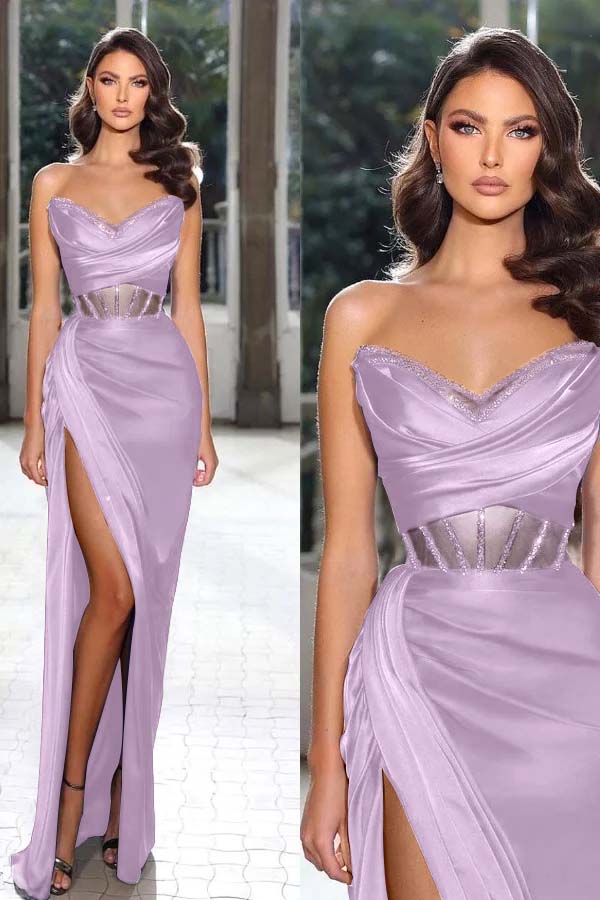 Strapless Sleeveless Long Mermaid Prom Dress With Split Pleated