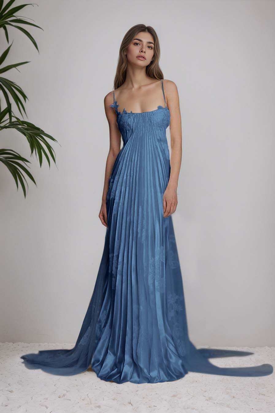 Stain Spaghetti Strap Sleeveless Long Prom Dress With Appliques