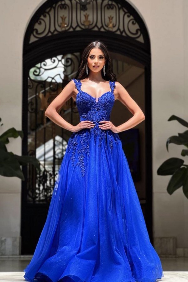 Bmbridal Royal Blue Straps Prom Dress A-Line With Appliques