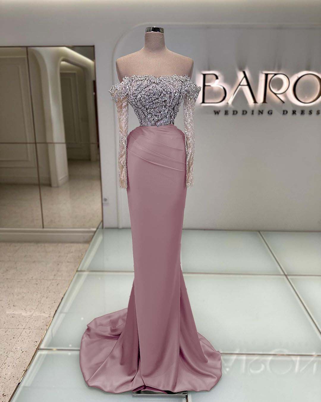 Off the Shoulder Long Sleeves  Long Mermaid Prom Dress With Beading