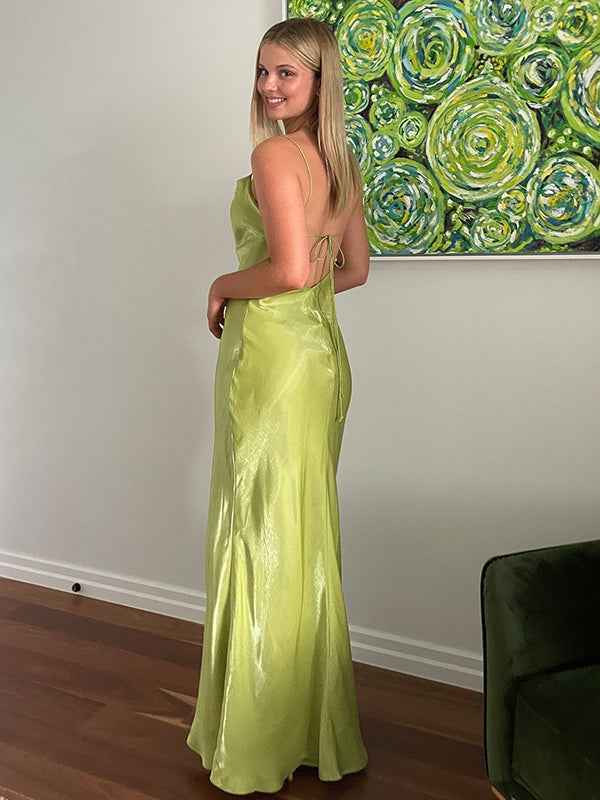 Light Green Sheath Spaghetti Straps Long Prom Party Dress with Backless