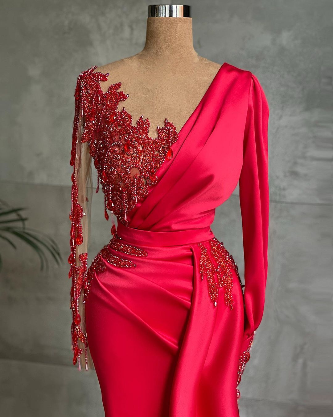 BMbridal Red Long Sleeves Mermaid Prom Dress WIth Beads Appliques