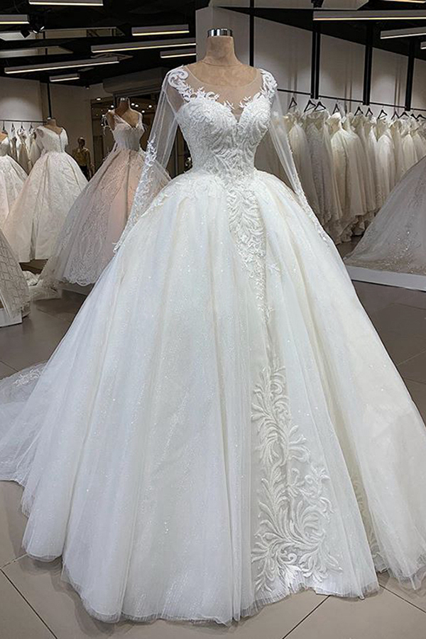 BMbridal Gorgeous Jewel Longsleeves Lace Wedding Dresses A-line Tulle Ruffles Bridal Gowns With Appliques Online-BMbridal