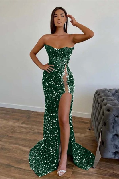 Amazing Dark Green Strapless Sleeveless Mermaid Prom Dress With Sequins