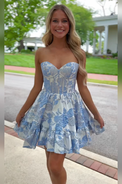 Blue Strapless Floral A-Line Printed Corset Short Homecoming Dress with Ruffles