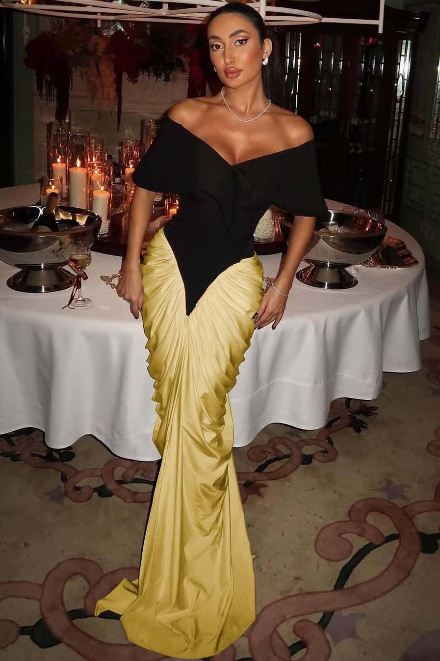 Off the Shoulder Strapless Mermaid Long Prom Dress With Pleated Gloves