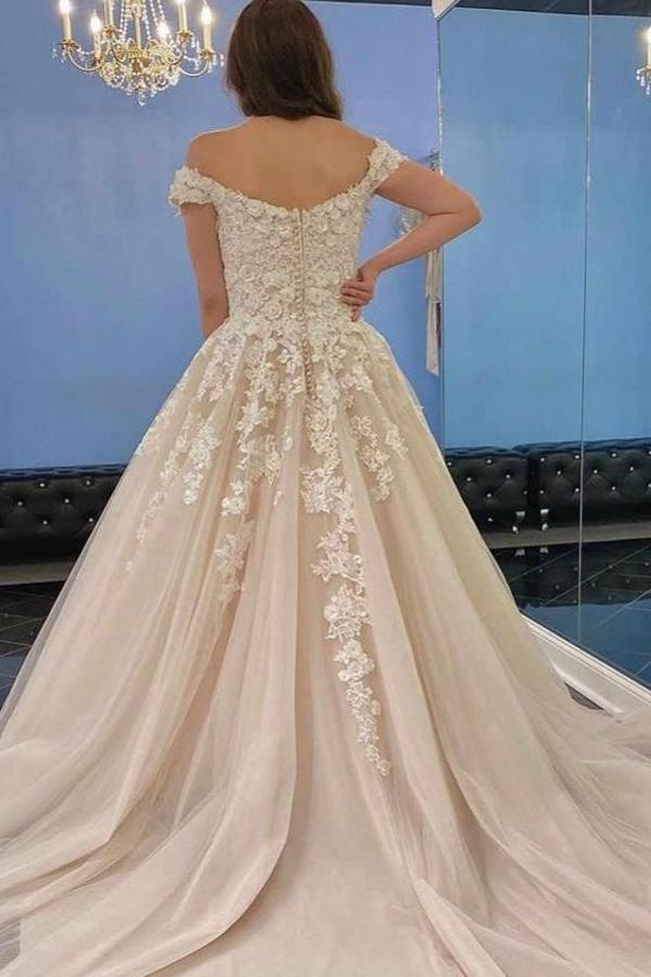 Elegant Off-the-Shoulder A-Line Long Wedding Dress with Tulle Lace