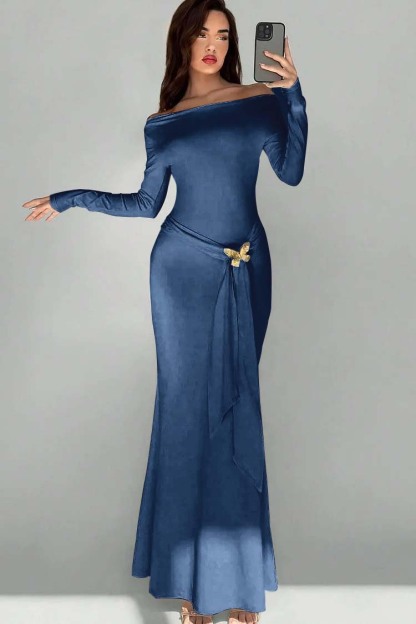 Off the Shoulder Long Sleeves Long Mermaid Prom Dress With Appliques