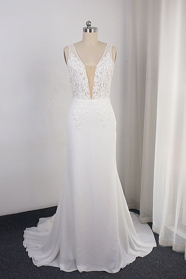 BMbridal Sexy Deep-V-Neck Chiffon Sheath Wedding Dress Lace Appliques Sleeveless Pearls Bridal Gowns Online-BMbridal