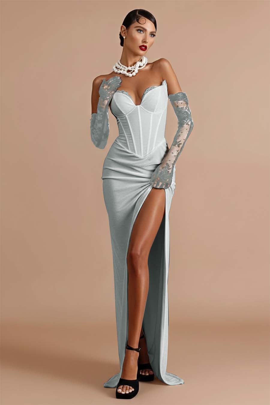 Sleeveless Strapless Long Mermaid Split Prom Dress With Gloves