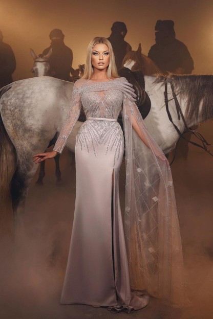 Bmbridal Long Sleeve Split Front Prom Dress With Appliques