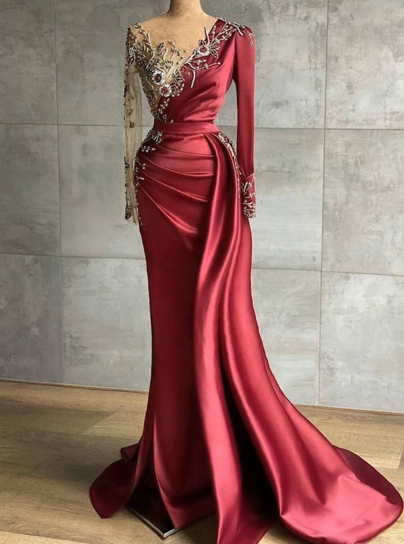 BMbridal Burgundy Long Sleeves Mermaid Prom Dress With Beadings