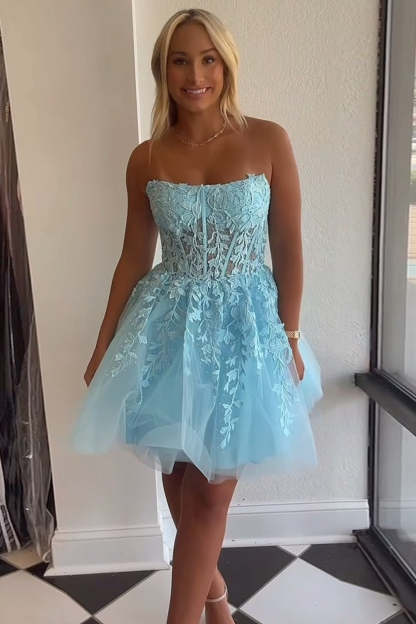 Sparkly Fuchsia Corset Lace A-Line Tulle Homecoming Dress