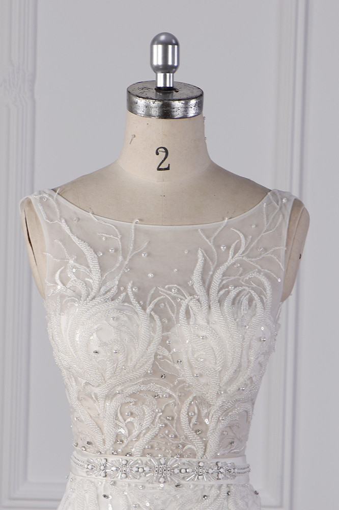 BMbridal Glamorous Jewel Beadings Sheath Wedding Dress Tulle Beadings Appliques Bridal Gowns On Sale-BMbridal