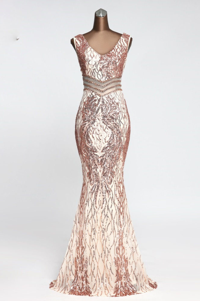 BMbridal Sparkly Sequined Sleeveless Mermaid Pink Long Prom Dresses with Beadings