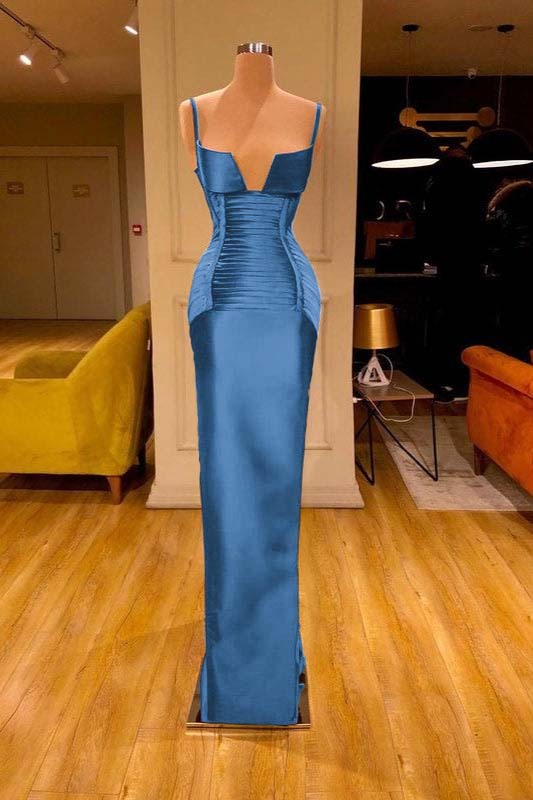 Burgundy V Neck Spaghetti Strap Sleeveless Mermaid Prom Dress With Pleated