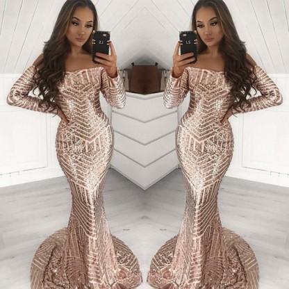 Bmbridal Long Sleeves Off-the-Shoulder Sequins Prom Dress Mermaid Evening Party Gown