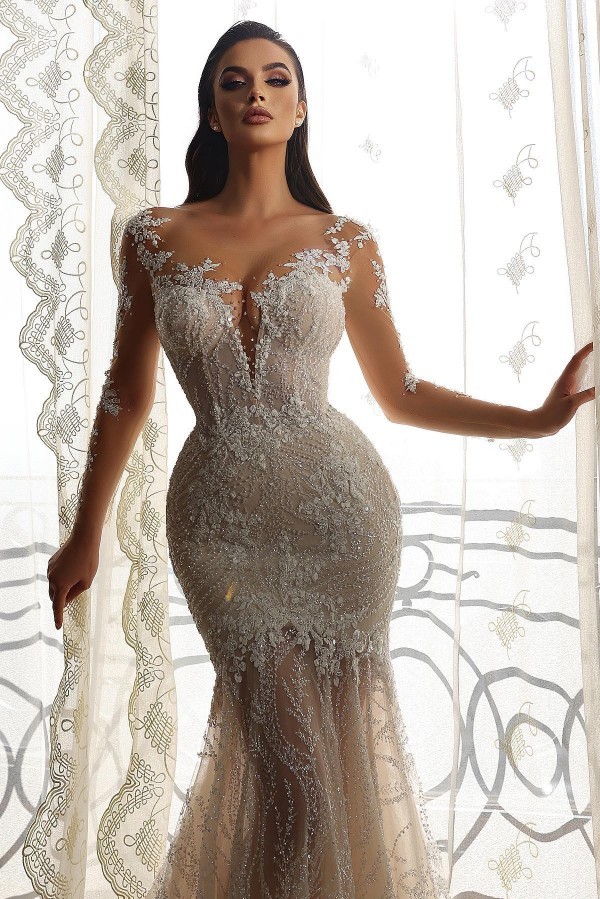 Bmbridal Long Sleeves Bridal Gown Mermaid With Delicate Lace-BMbridal