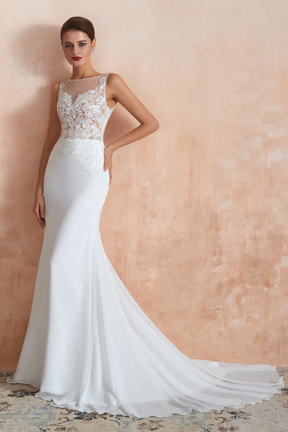 BMbridal Beautiful Mermaid V-Neck White Lace Wedding Dresses Affordable Online
