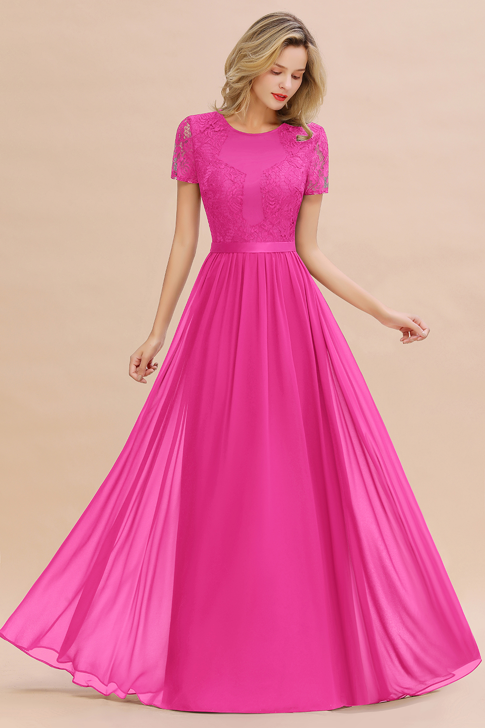 BMbridal Elegant Chiffon Lace Jewel Short-Sleeves Affordable Bridesmaid Dress-BMbridal