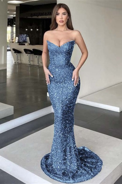 Black Strapless Sleeveless Long Mermaid Prom Dress With Sequins
