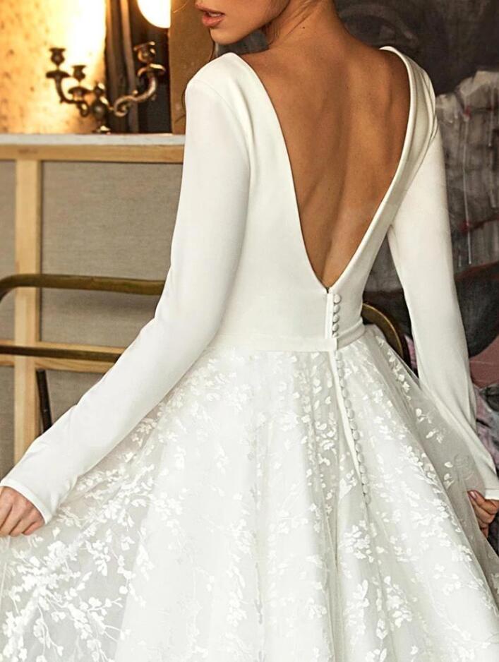 Glamorous Long Sleeve V-Neck Wedding Dress With Lace Appliques-BMbridal