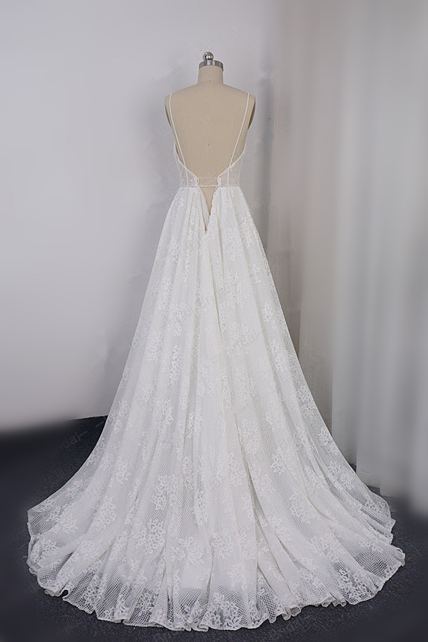 BMbridal Sexy Spaghetti Straps V-neck Lace Tulle Wedding Dress Sleeveless Appliques Backless Bridal Gowns Online-BMbridal