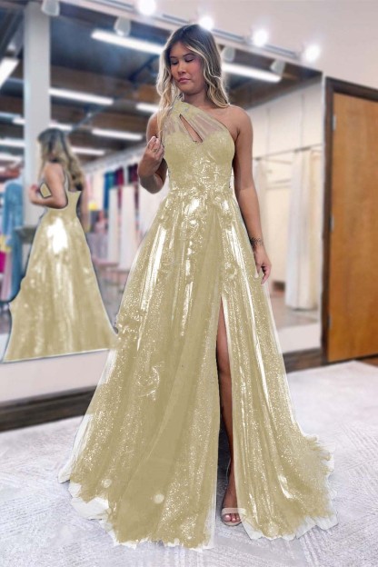 Black One Shoulder A Line Prom Dress Side Split Tulle With Appliques