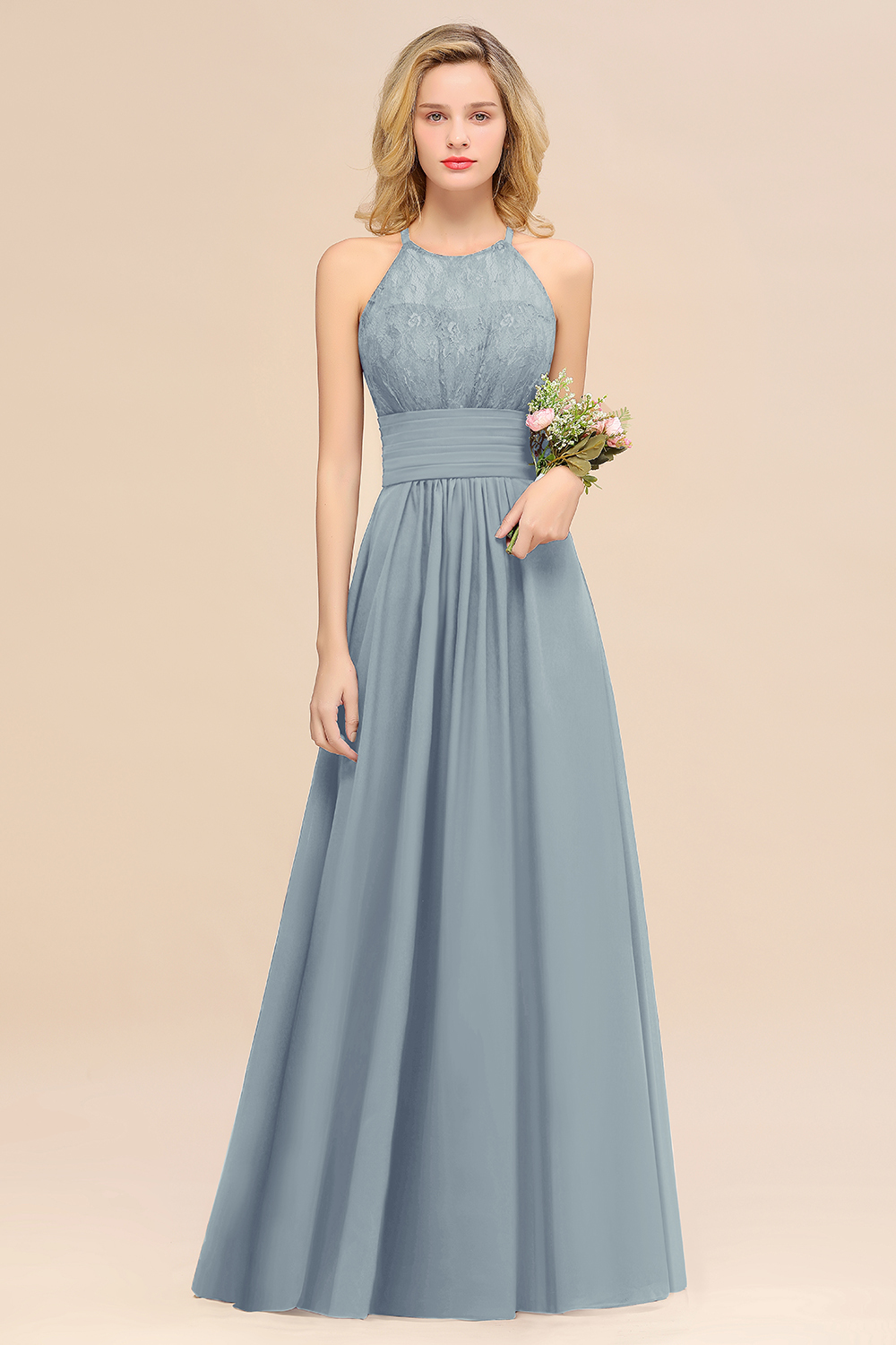 BMbridal Elegant Halter Ruffles Sleeveless Grape Lace Bridesmaid Dresses Affordable-BMbridal