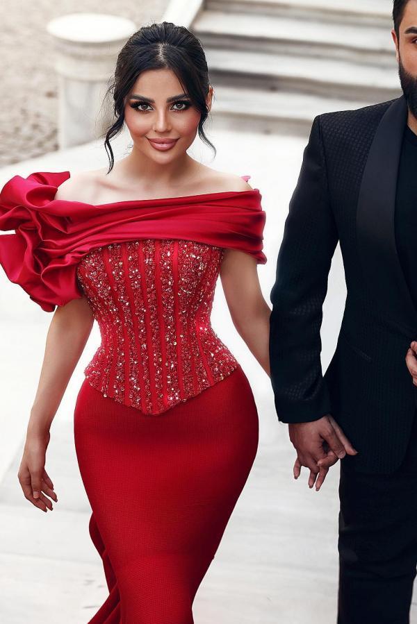Bmbridal Off-the-Shoulder Red Prom Dress Mermaid Long With Appliques