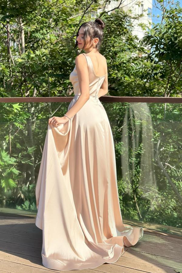 Beautiful Mermaid Floor-Length Square Neck Sleeveless Satin Prom Dresses with Slit
