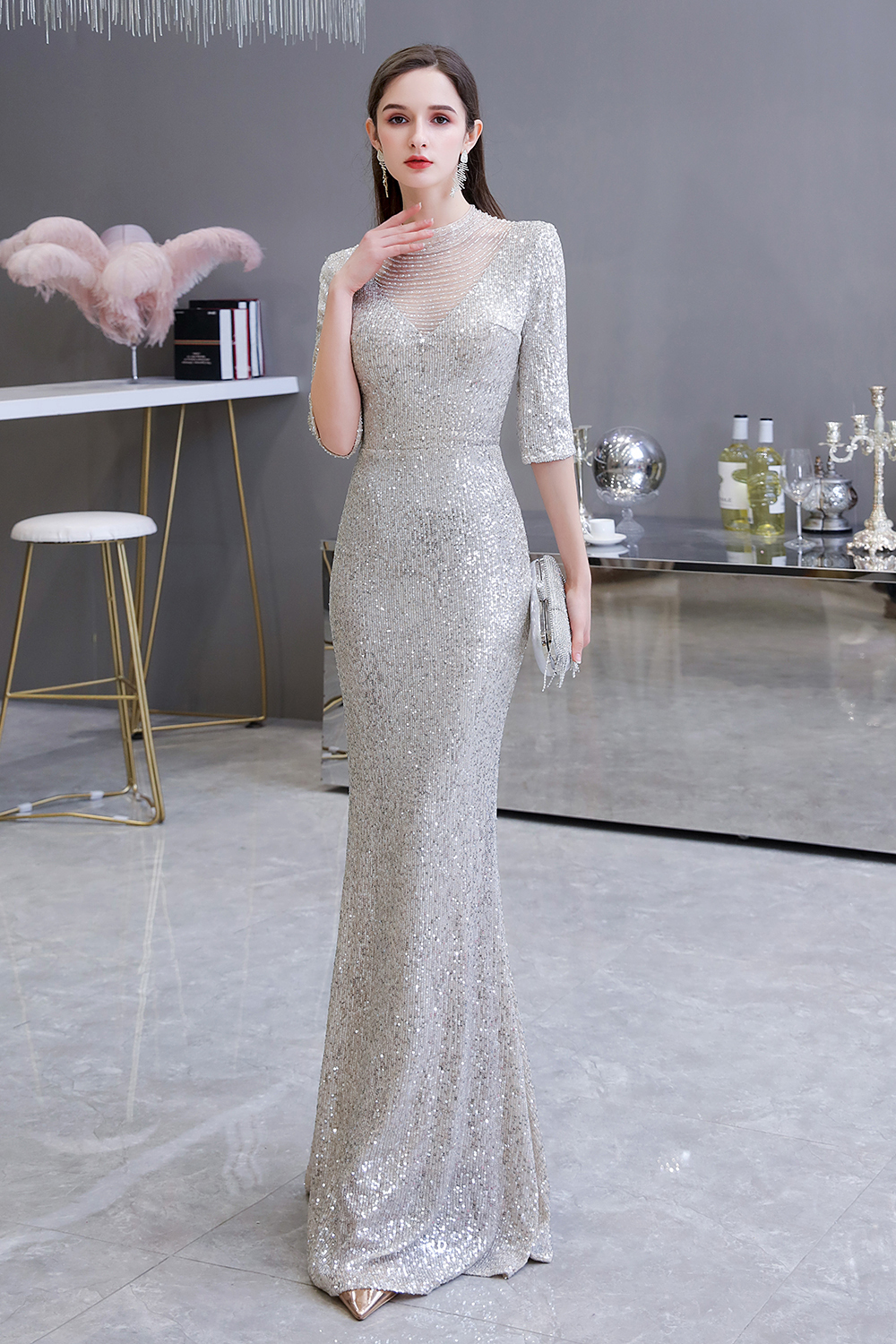 BMbridal Silver Half Sleeve Sequins Prom Dress Mermaid Long Evening Gowns