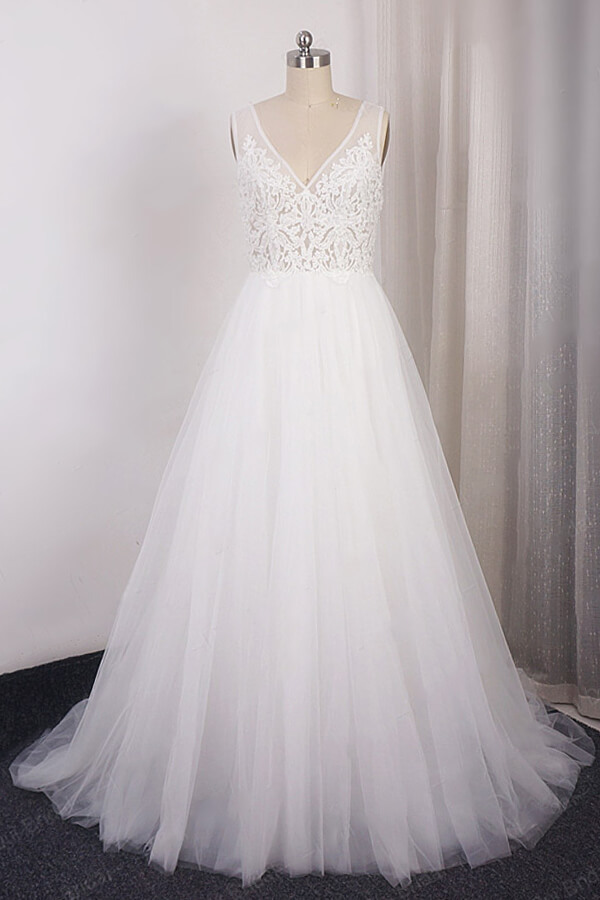 BMbridal Glamorous V-neck Straps Sleeveless Wedding Dress Appliques Tulle A-line Bridal Gowns On Sale-BMbridal