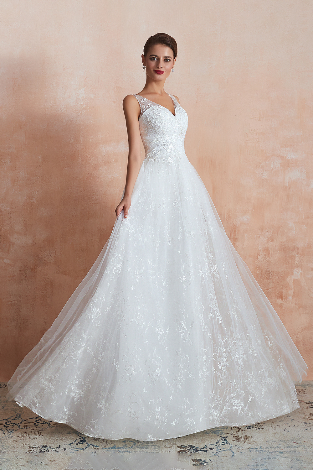 BMbridal Affordable V-Neck Tulle Lace Long White Wedding Dresses Online